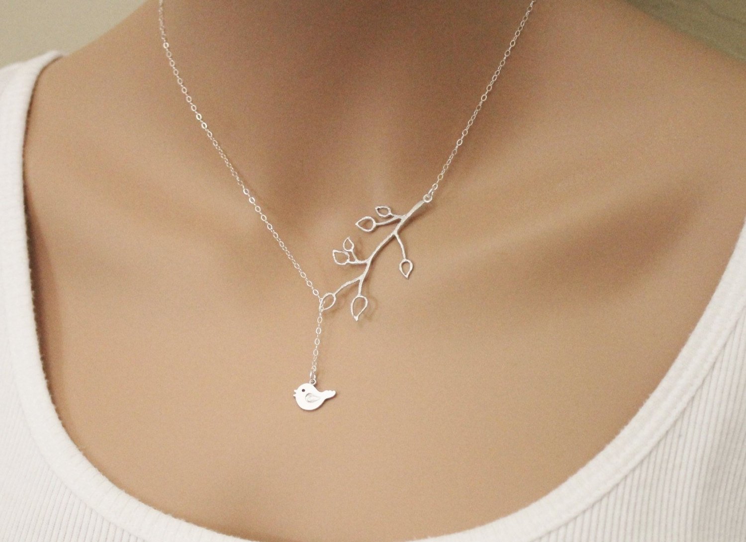 Blossom Branch and Sweetie Bird Lariat Necklace